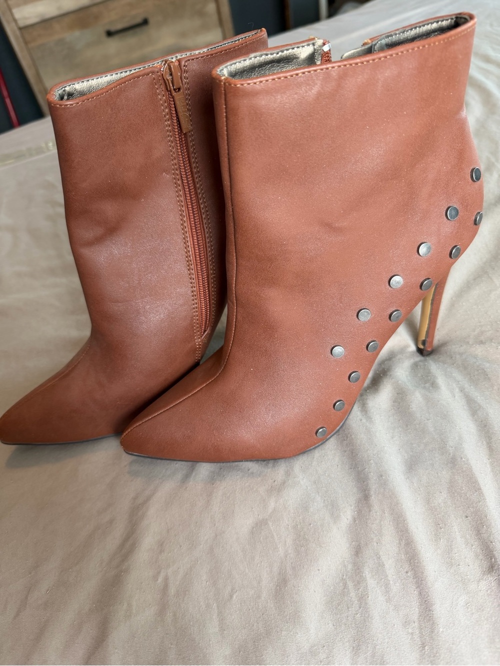 Brown Leather High Heel Studded Ankle Boots